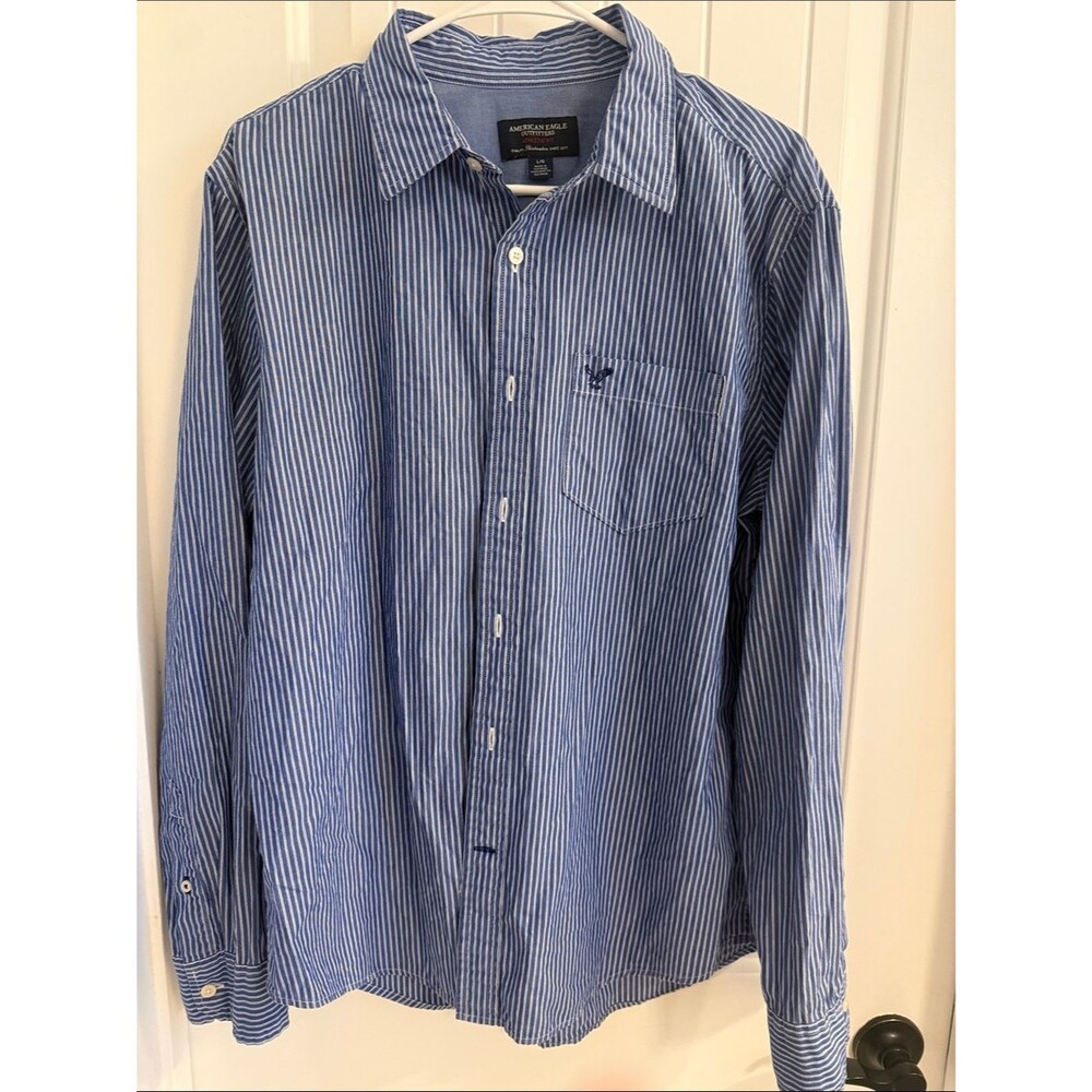 American Eagle Mens Blue & White Stripe Button Down Shirt Size L